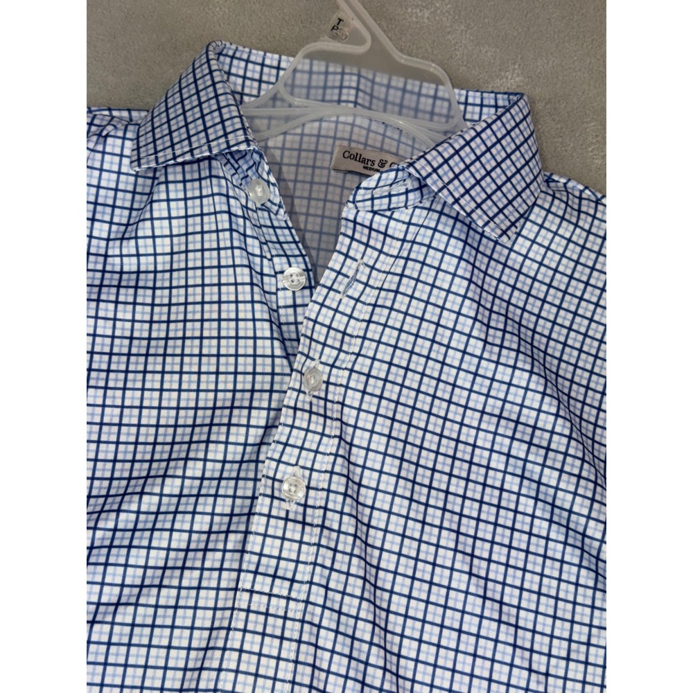 Collars & Co Mens Medium‎ Blue White Check Dress Collar Polo Short Sleeve Shirt